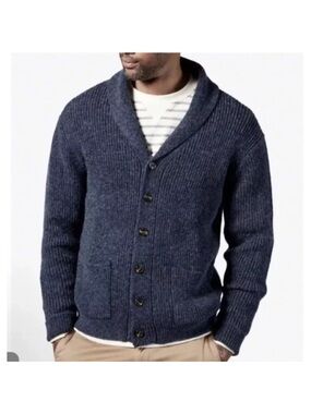 Men's 100% Wool Shawl Collar Button-Front Cardigan Sweater - Navy blue